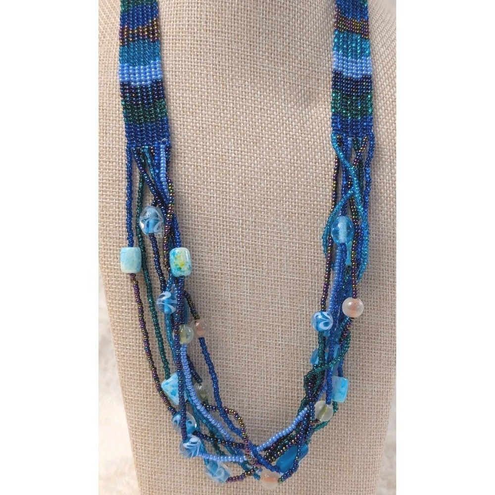 Handmade Multi Strand‎ Seed Bead Necklace Blue Boho Southwestern Statement